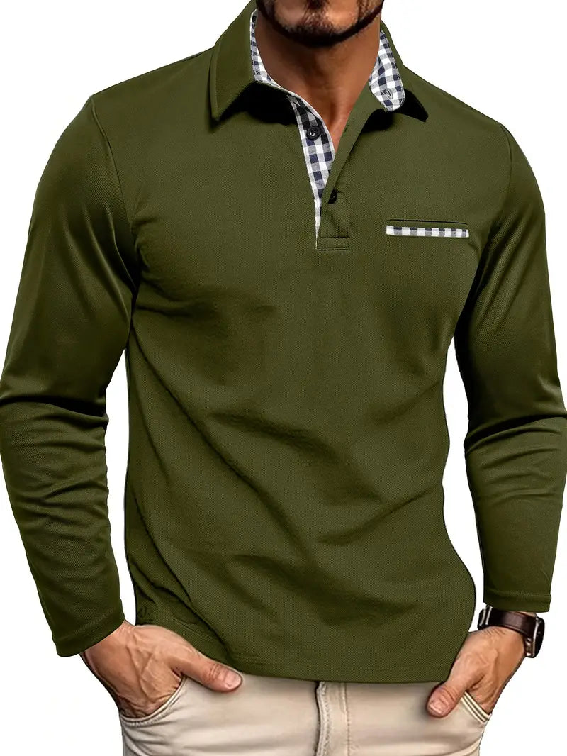 Long sleeved polo shirt with ribbed collar in dark green, front view
