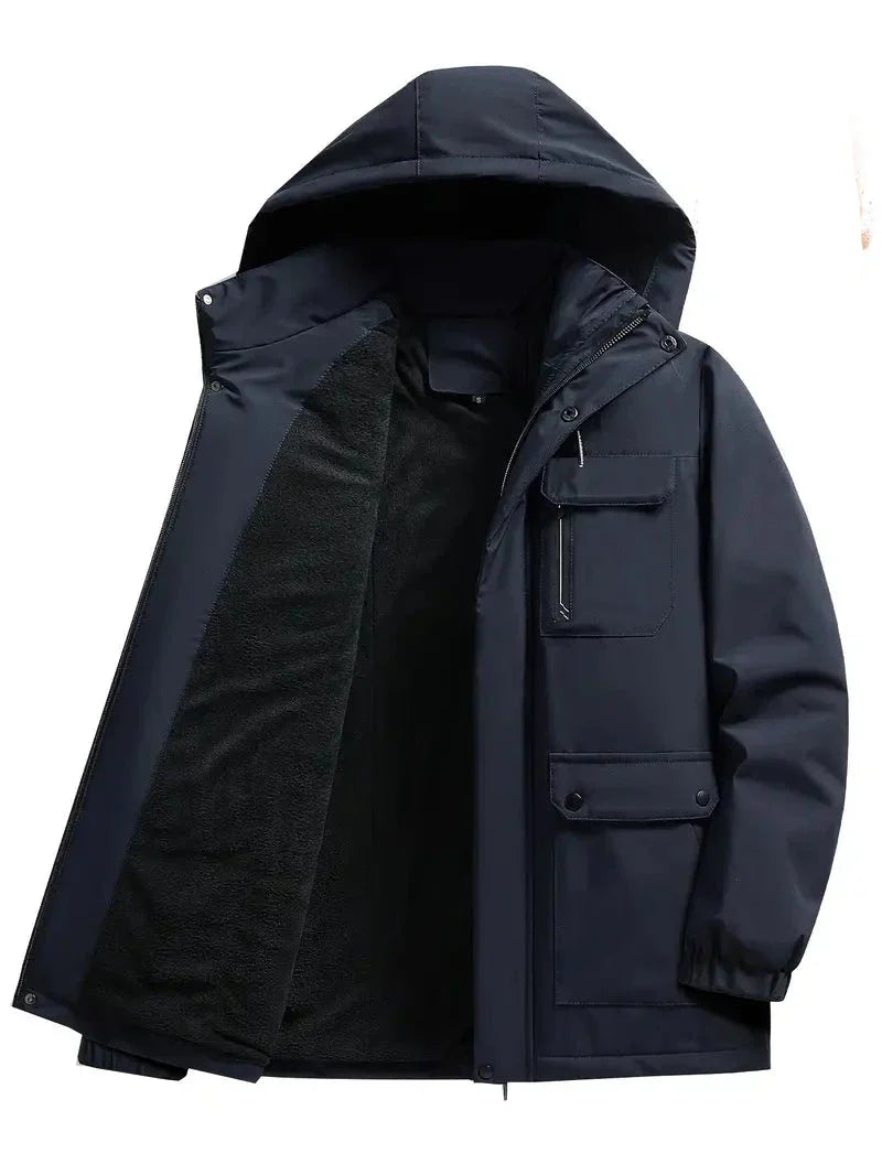 Insulated hooded parka in black, front view