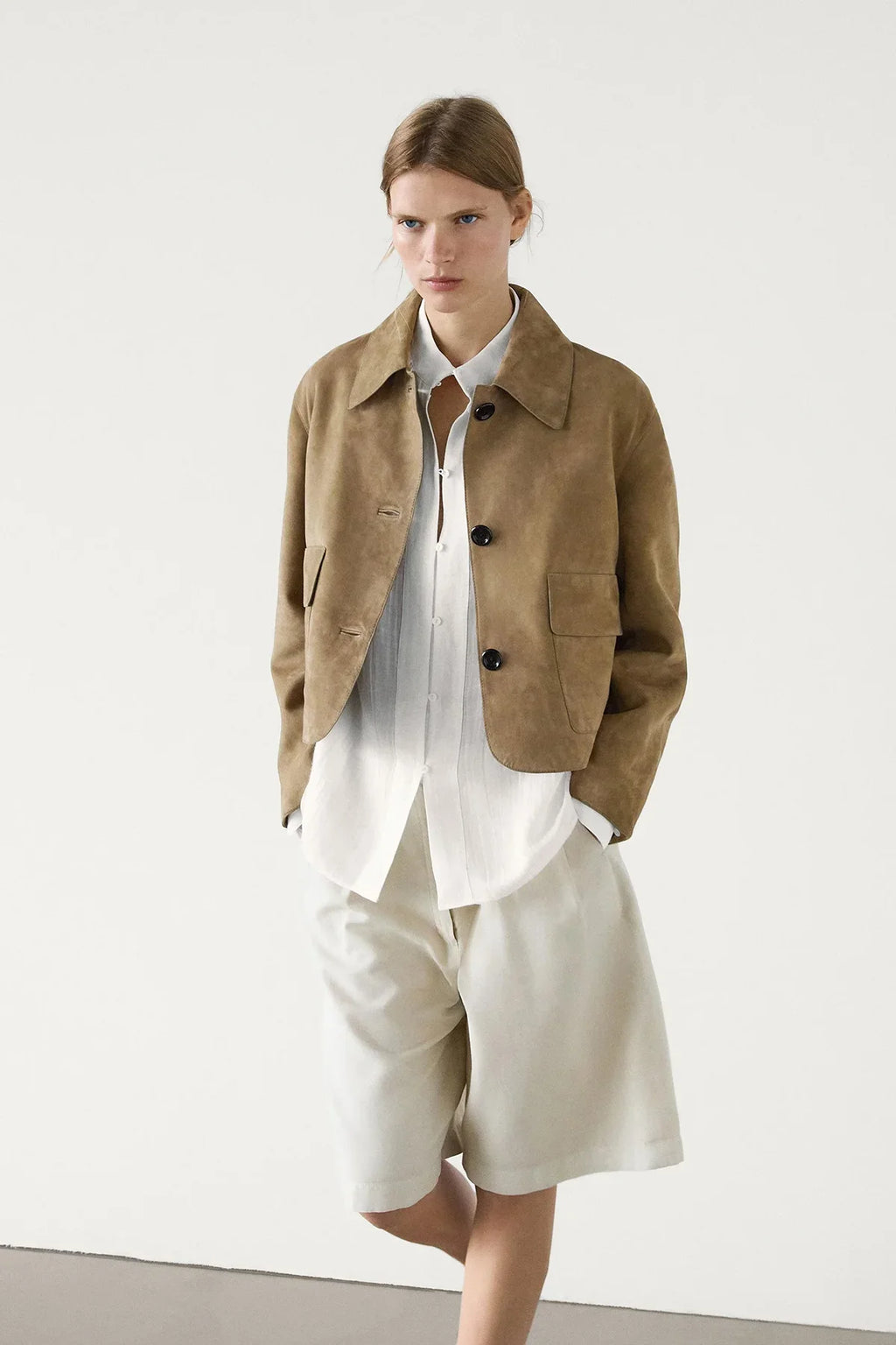 Suede-Look Jacket Shirt Collar Patch Pockets