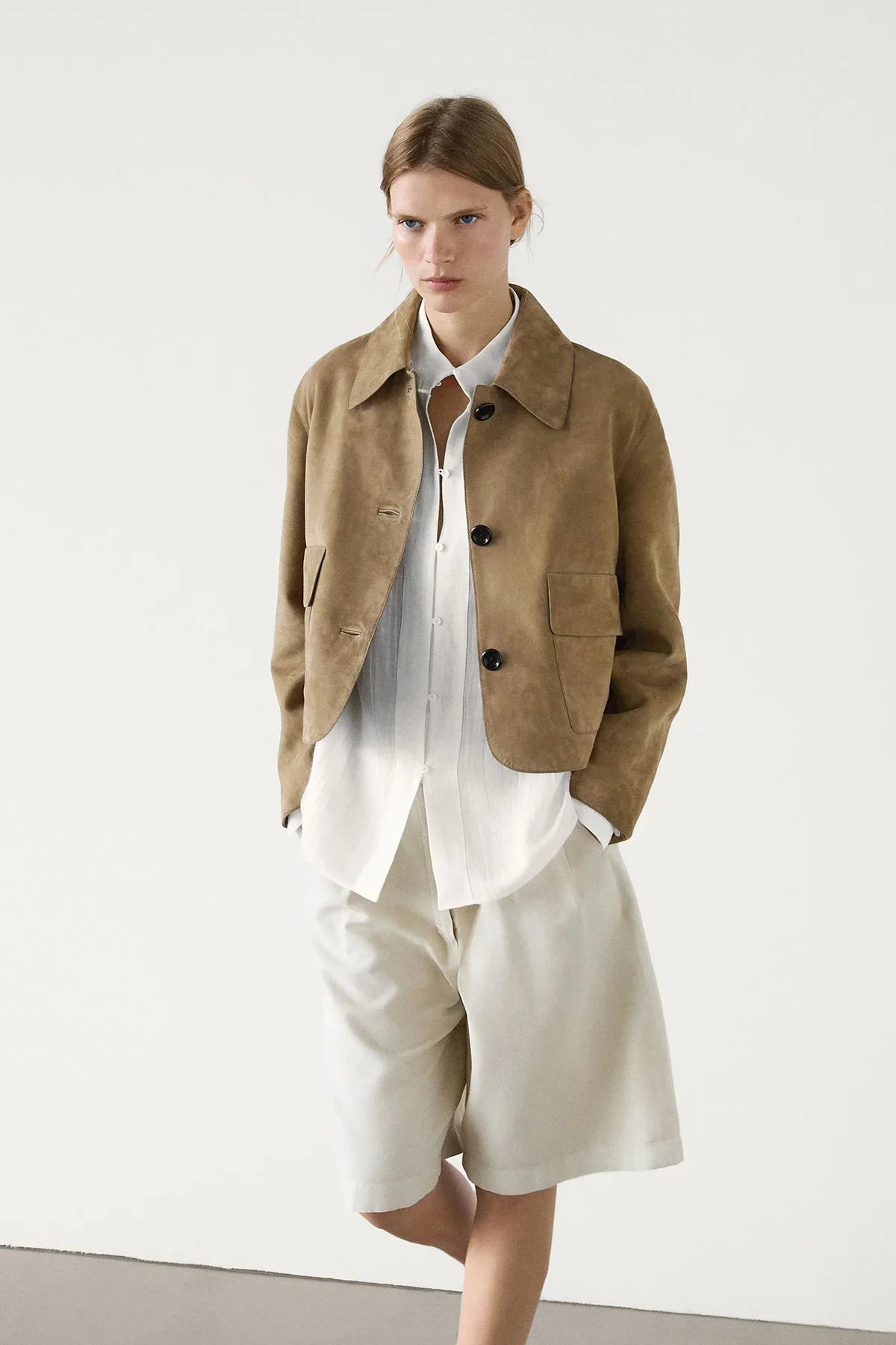 Suede-Look Jacket Shirt Collar Patch Pockets