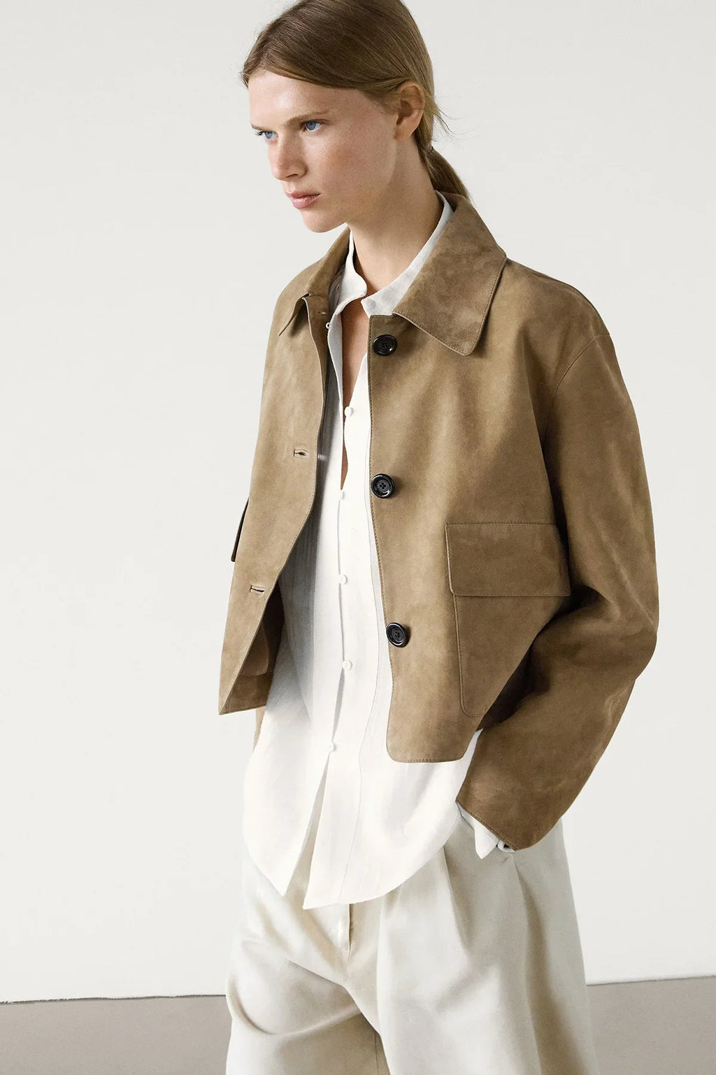 Suede-Look Jacket Shirt Collar Patch Pockets