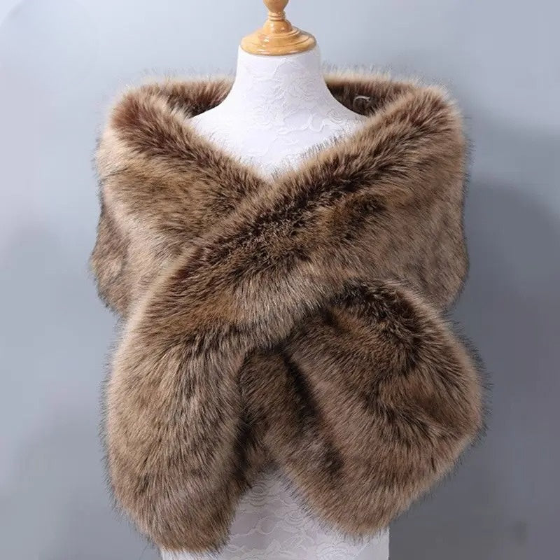 Faux fur shawl in champagne, draped over the shoulders