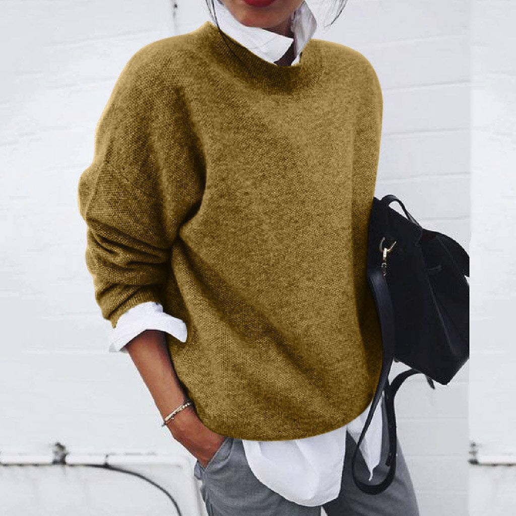 Soft-knit round-neck jumper in khaki, front view