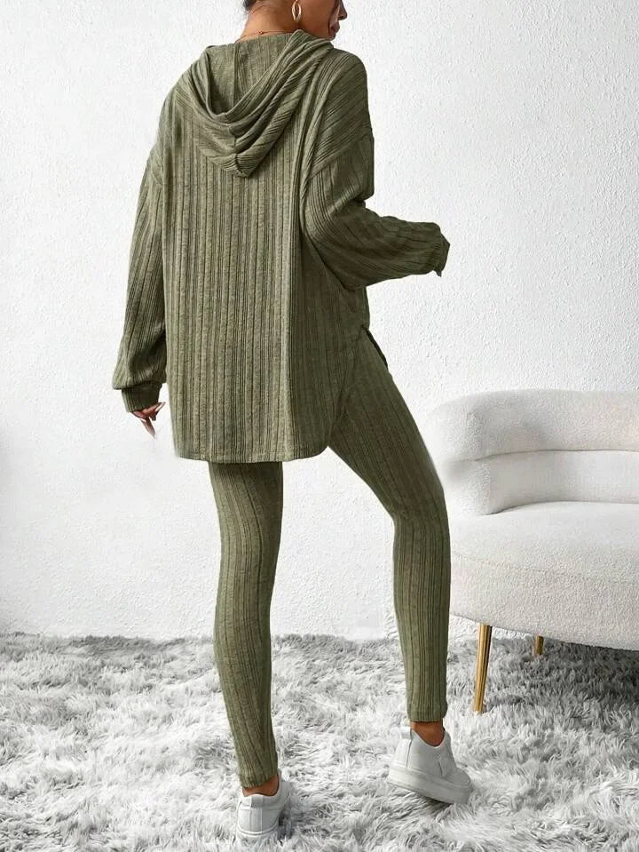 Lounge Set Ribbed Knit Hooded Two Piece