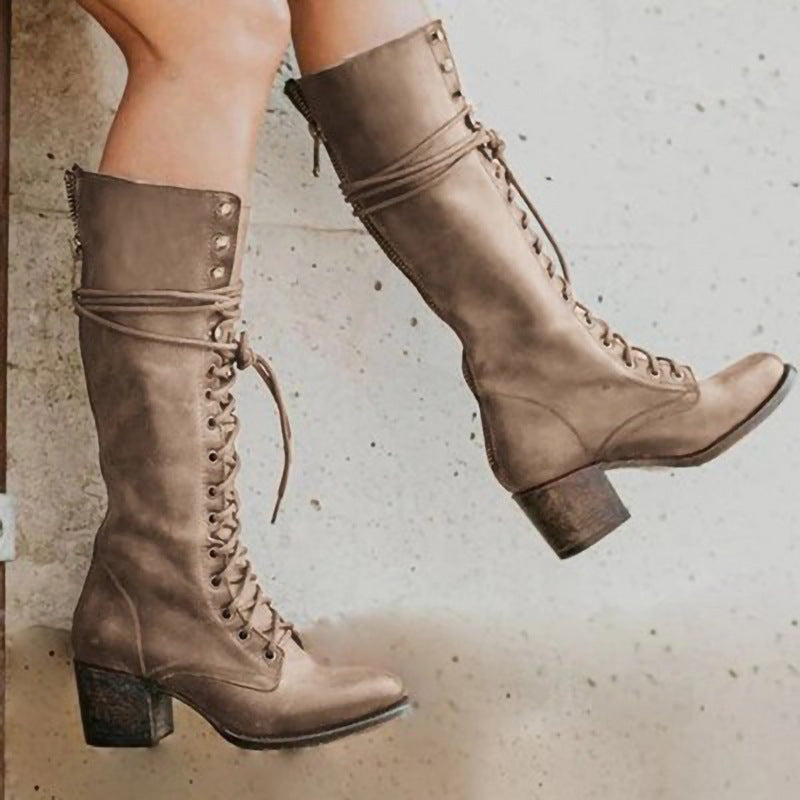 Lace-Up Knee Boots Leather-Look