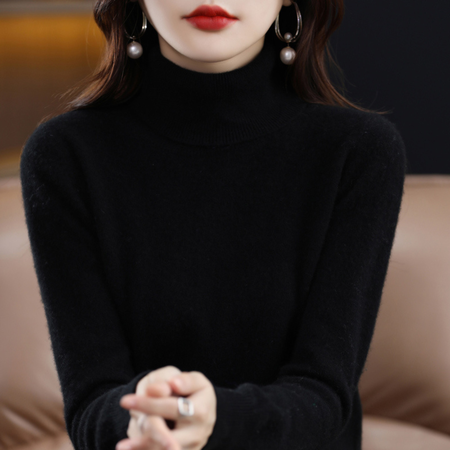 Soft knit roll-neck turtleneck jumper in beige, front view