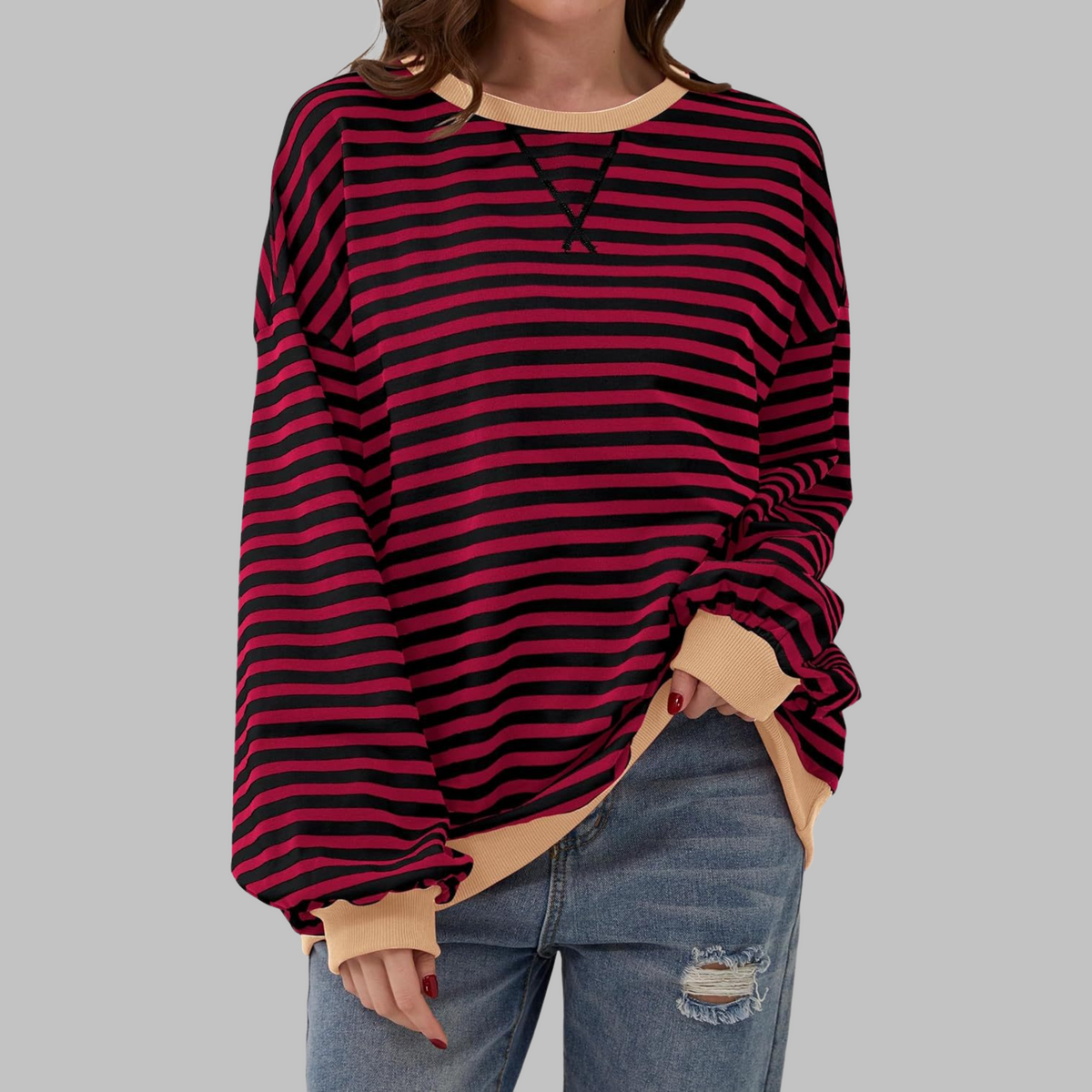 Striped Sweatshirt Round Neck Relaxed Fit