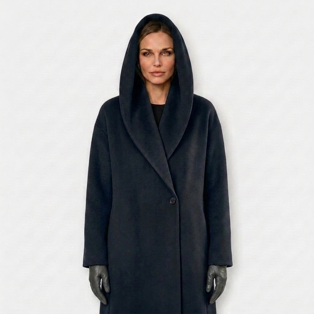 Oversized hooded thigh length coat in black, front view