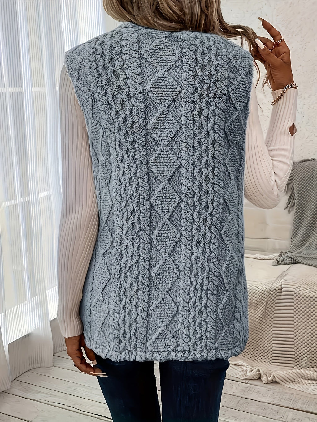 Longline Sleeveless Vest Textured Open Front