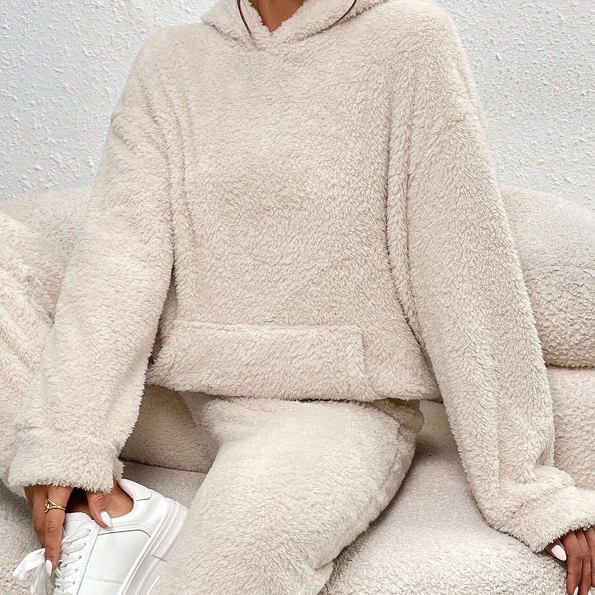 Teddy fleece hooded loungewear set in beige, front view
