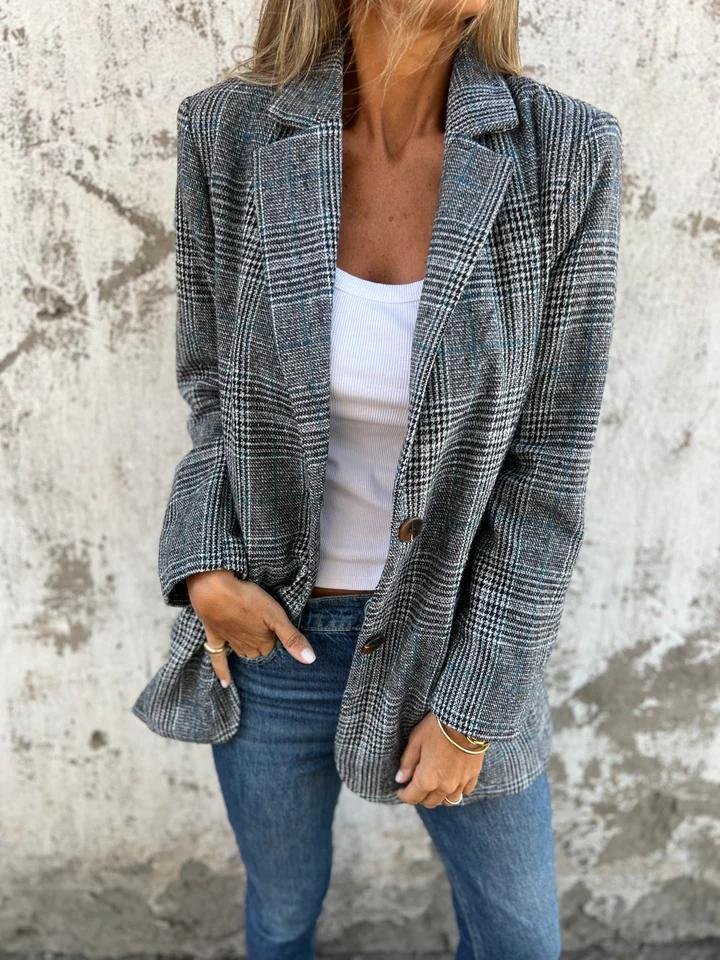 Plaid Cotton Blazer Classic Lapel in black, front view