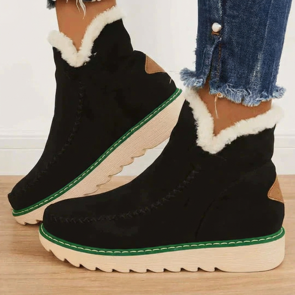 Fleece lined platform ankle boots in beige, side view