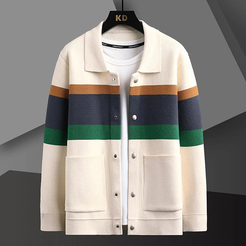 Striped knit varsity jacket in white, front view