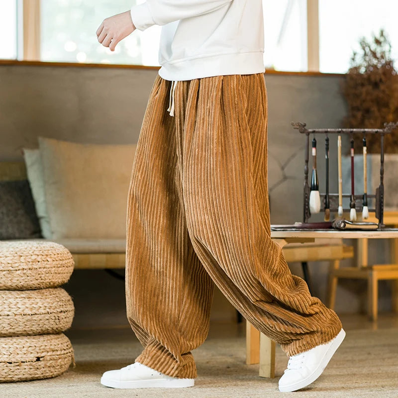 Wide Leg Trousers Corduroy Drawstring Waist