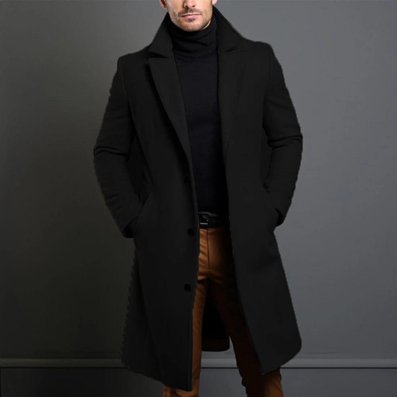 Classic tailored wool overcoat in black, front view
