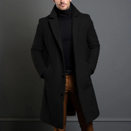 Classic tailored wool overcoat in black, front view