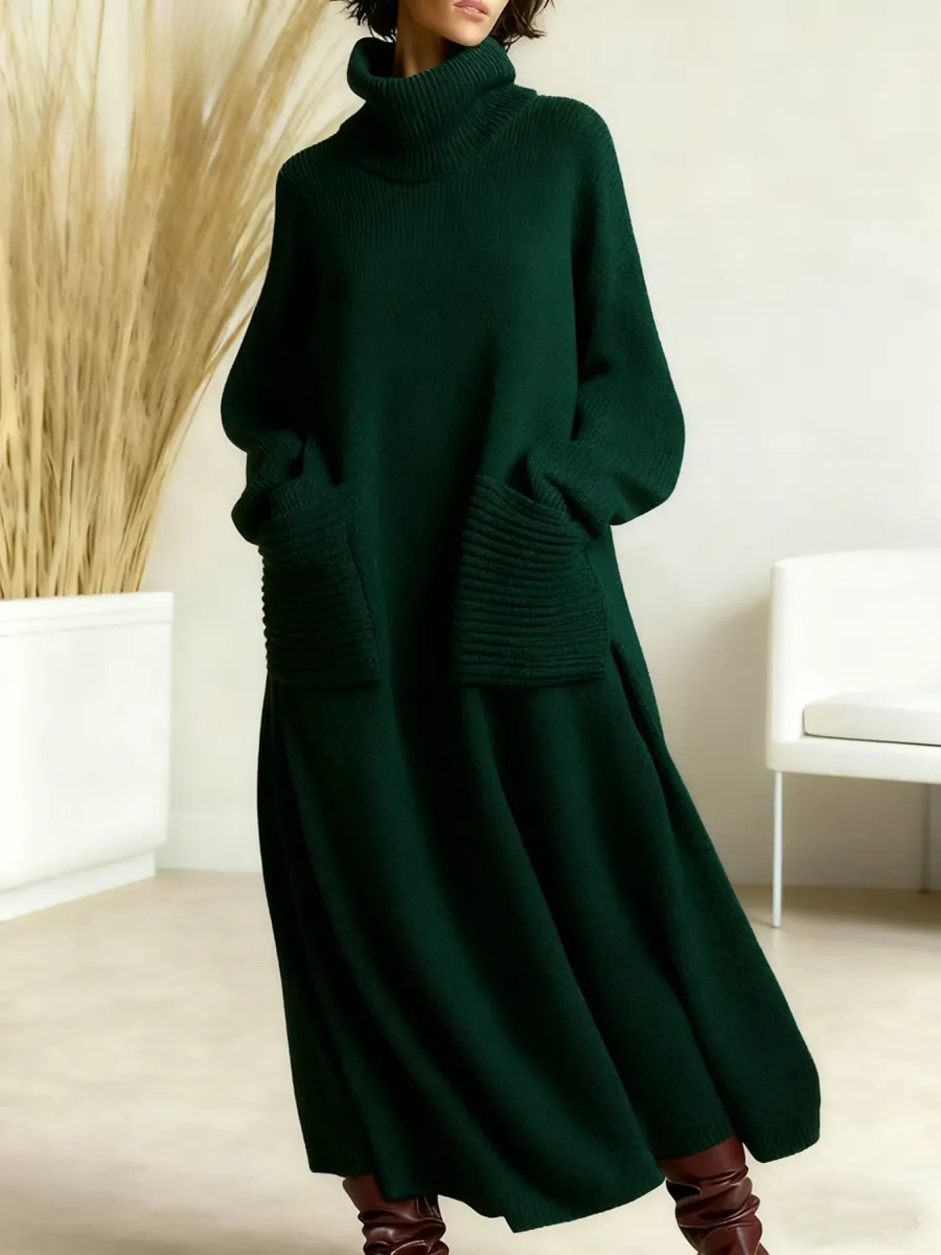 Knit Maxi Dress High Neck Pockets