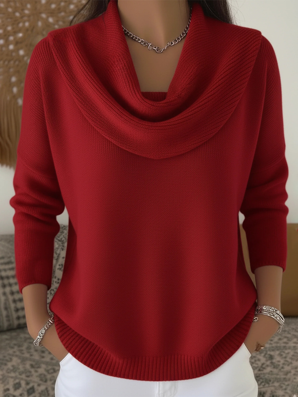 Merino wool blend cowl neck jumper in red, front view