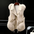 Faux fur gilet with waist ties in ivory cream, front view