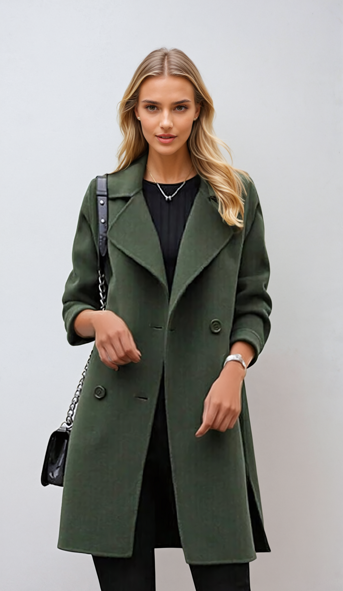 Wool blend collared coat in military green, front view