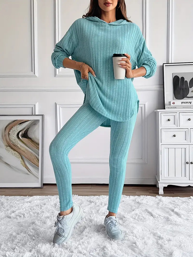 Lounge Set Ribbed Knit Hooded Two Piece