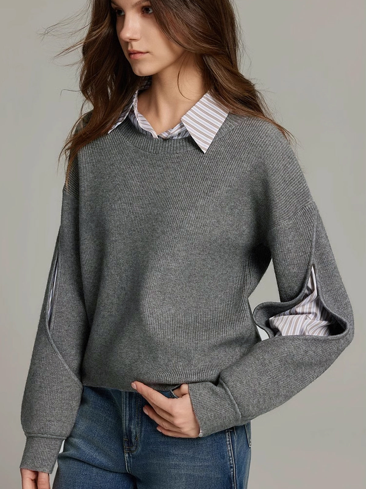 Layered Knit Jumper Contrast Collar Cuffs