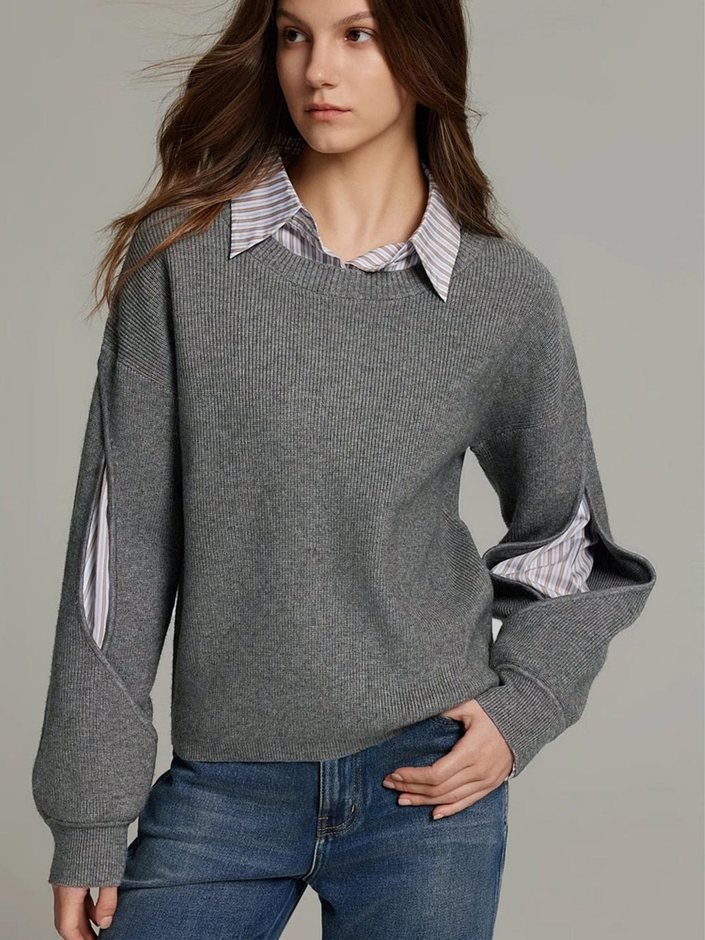 Layered Knit Jumper Contrast Collar Cuffs
