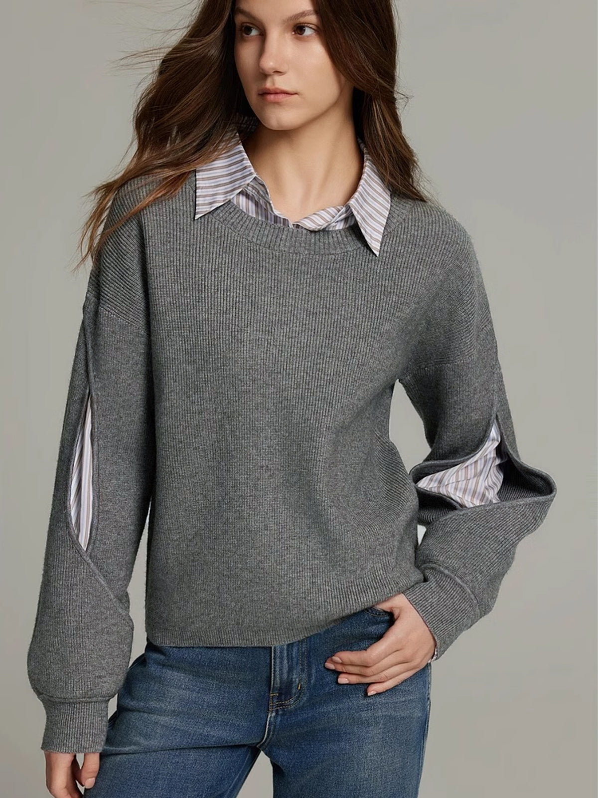 Layered Knit Jumper Contrast Collar Cuffs