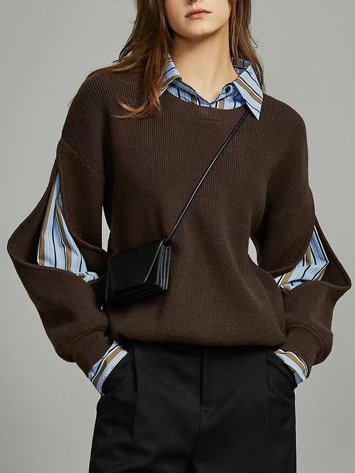 Layered Knit Jumper Contrast Collar Cuffs in dark brown, front view