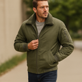 Lined pilot style bomber jacket in olive, front view