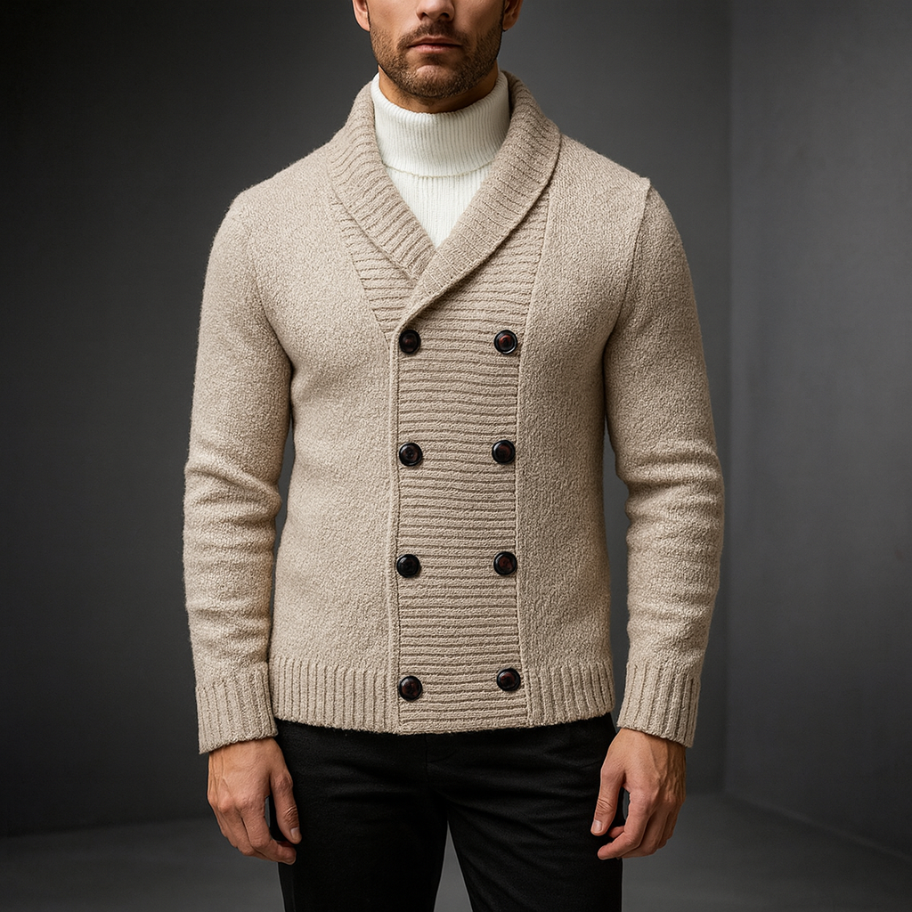 Shawl-collar double-breasted wool-blend cardigan in beige, front view