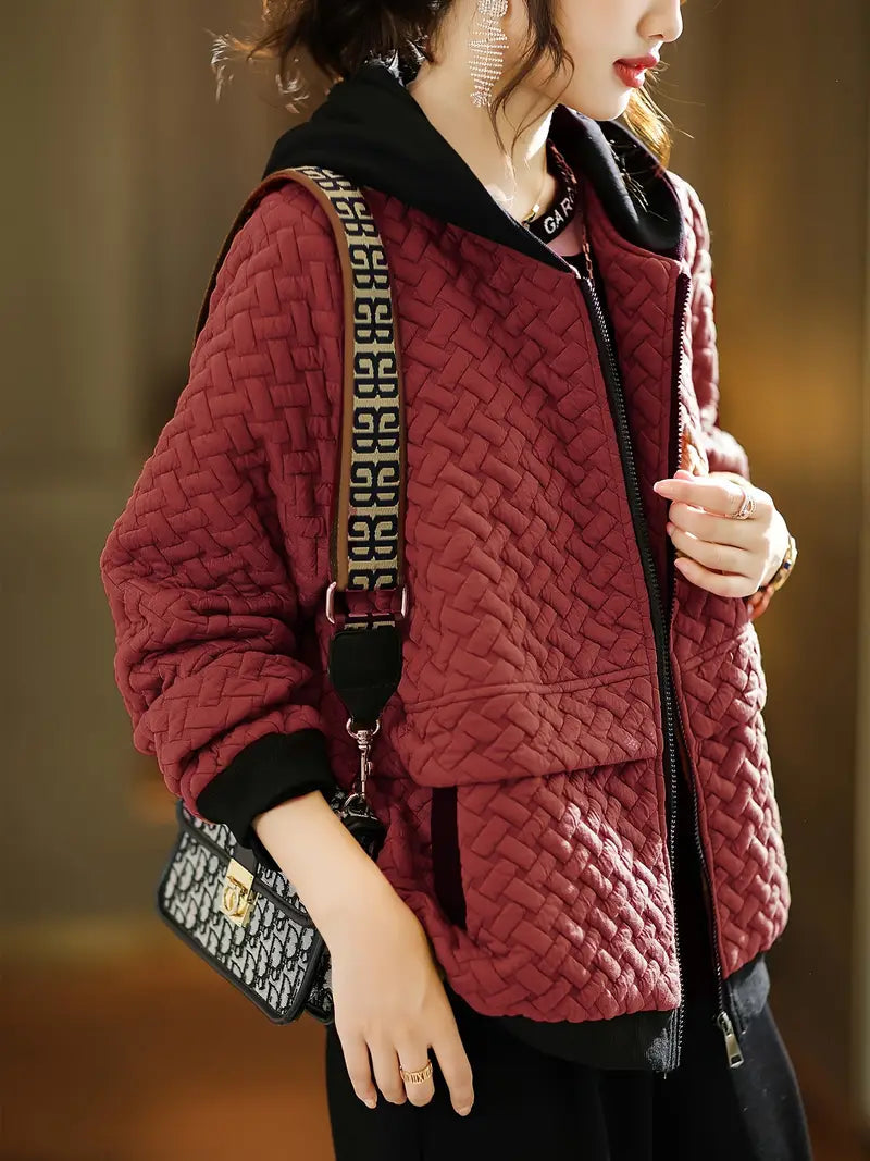 Quilted Hoodie Basketweave Pattern Zip Front