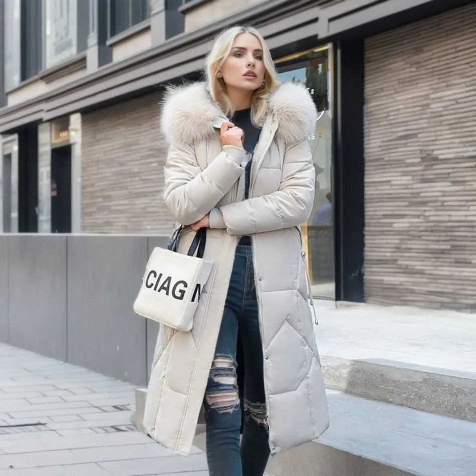 Extended longline winter coat in black, front view