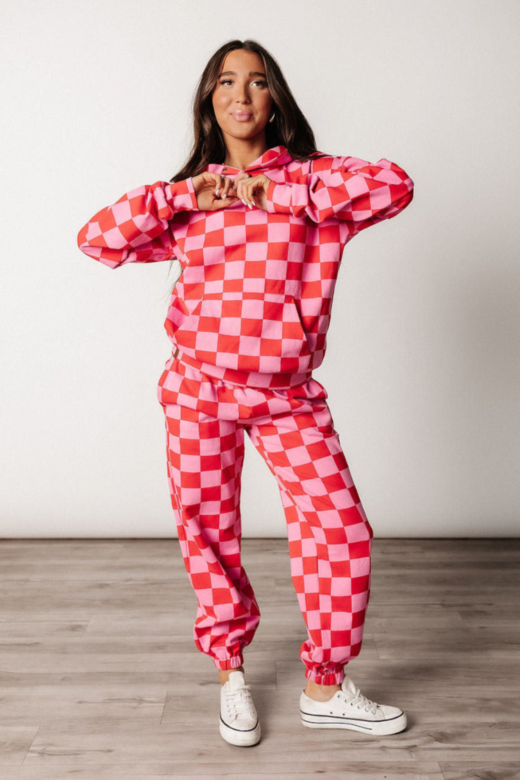 Hoodie Oversized Checked Print Stretch Fabric