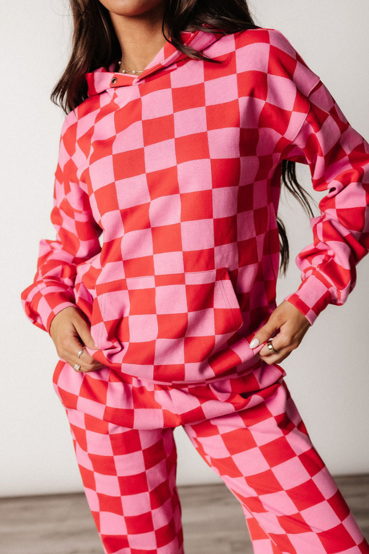 Oversized checked print hoodie, front view