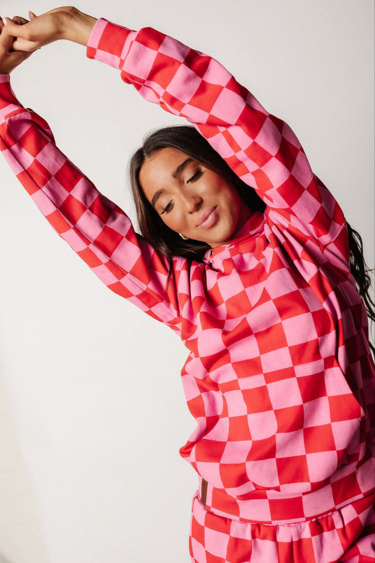 Hoodie Oversized Checked Print Stretch Fabric