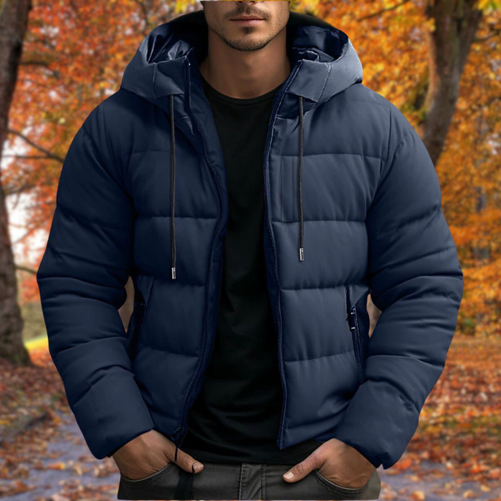 Waterproof insulated hooded puffer winter jacket in blue, front