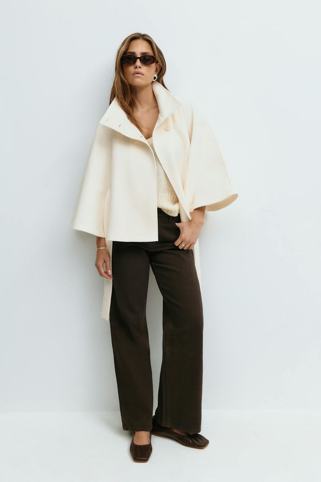 Cape Coat High Collar Belted Waist