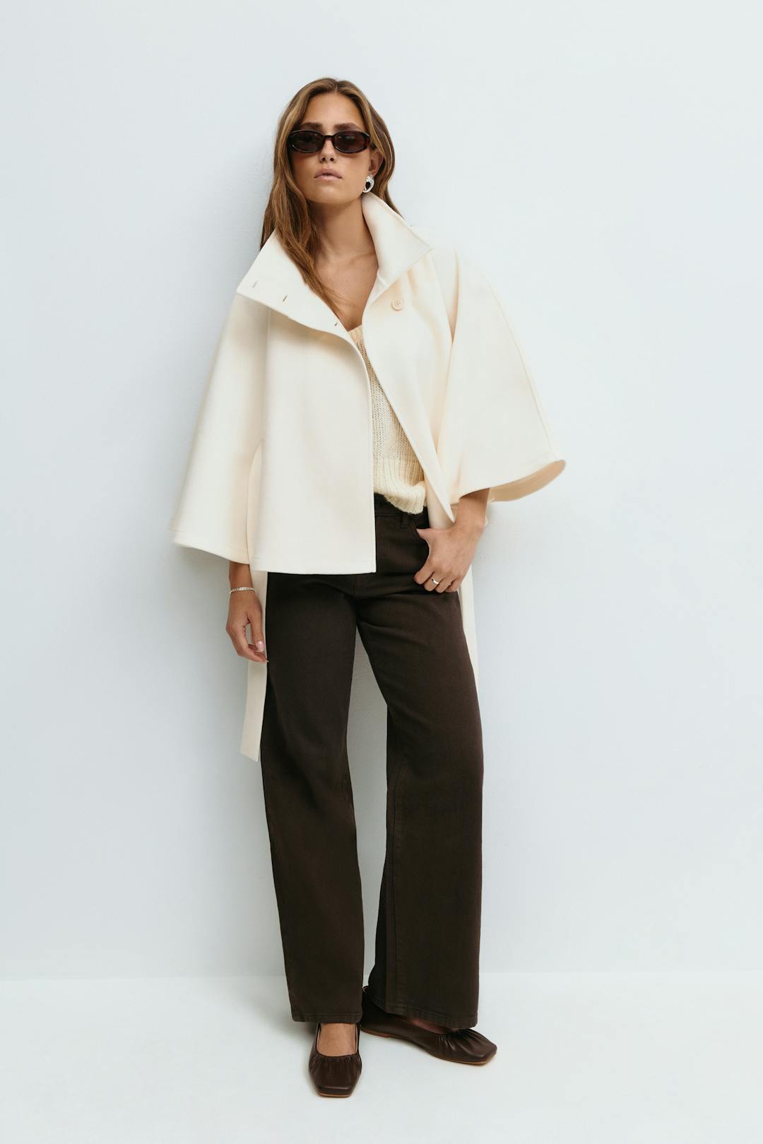 Cape Coat High Collar Belted Waist