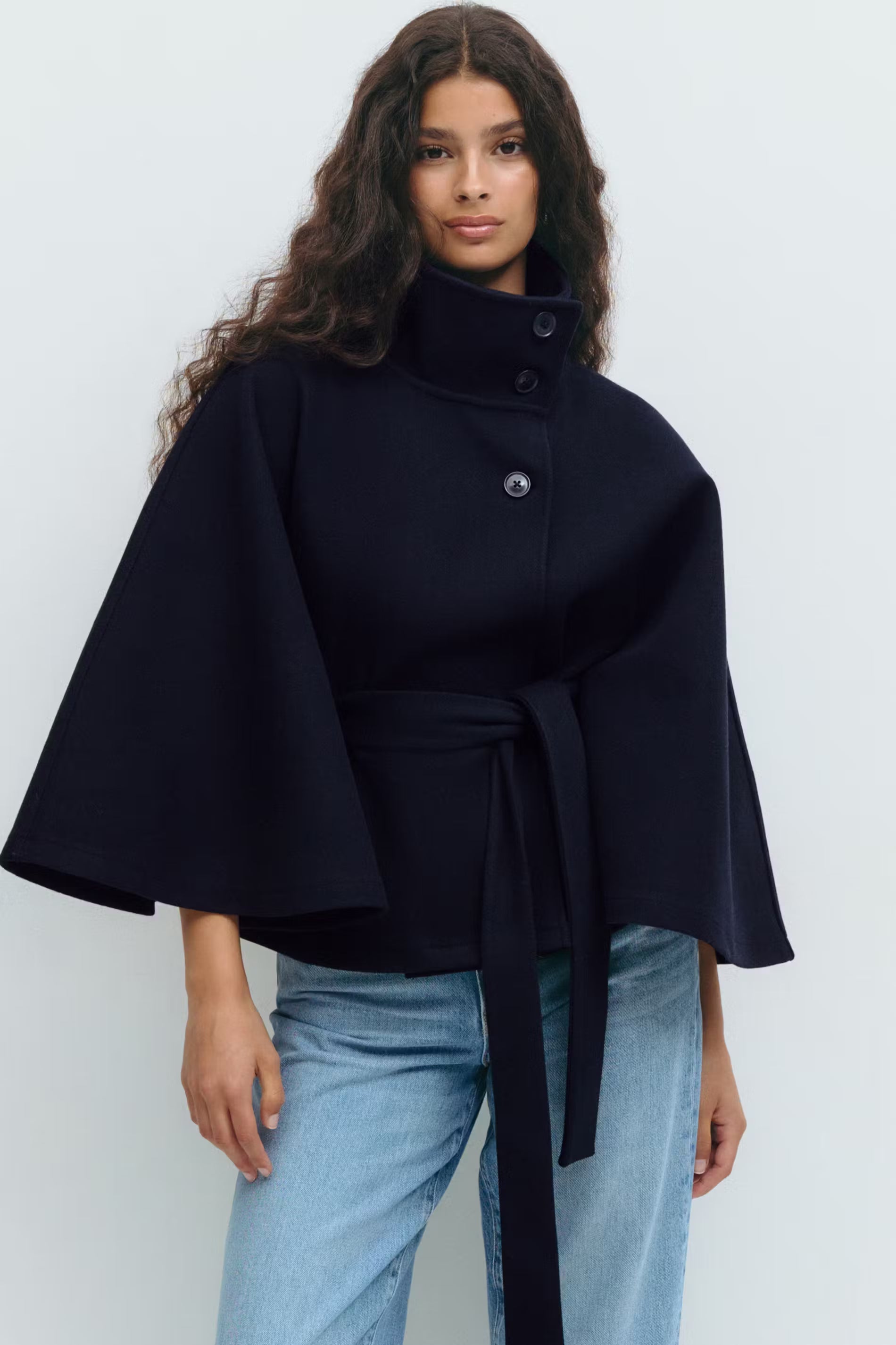 Cape Coat High Collar Belted Waist