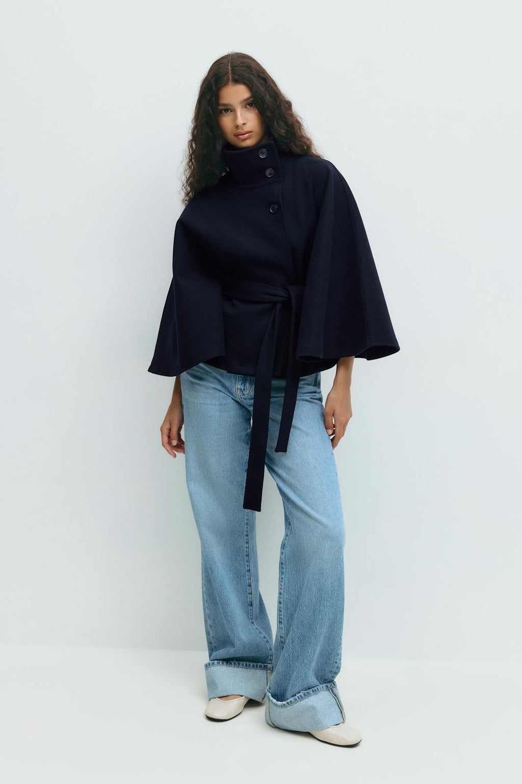 Cape Coat High Collar Belted Waist