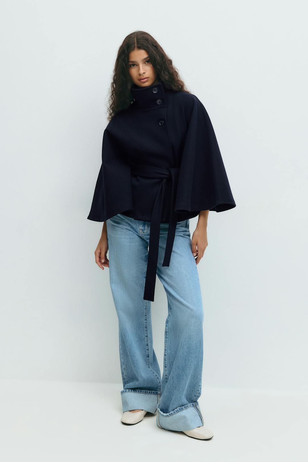 Cape Coat High Collar Belted Waist