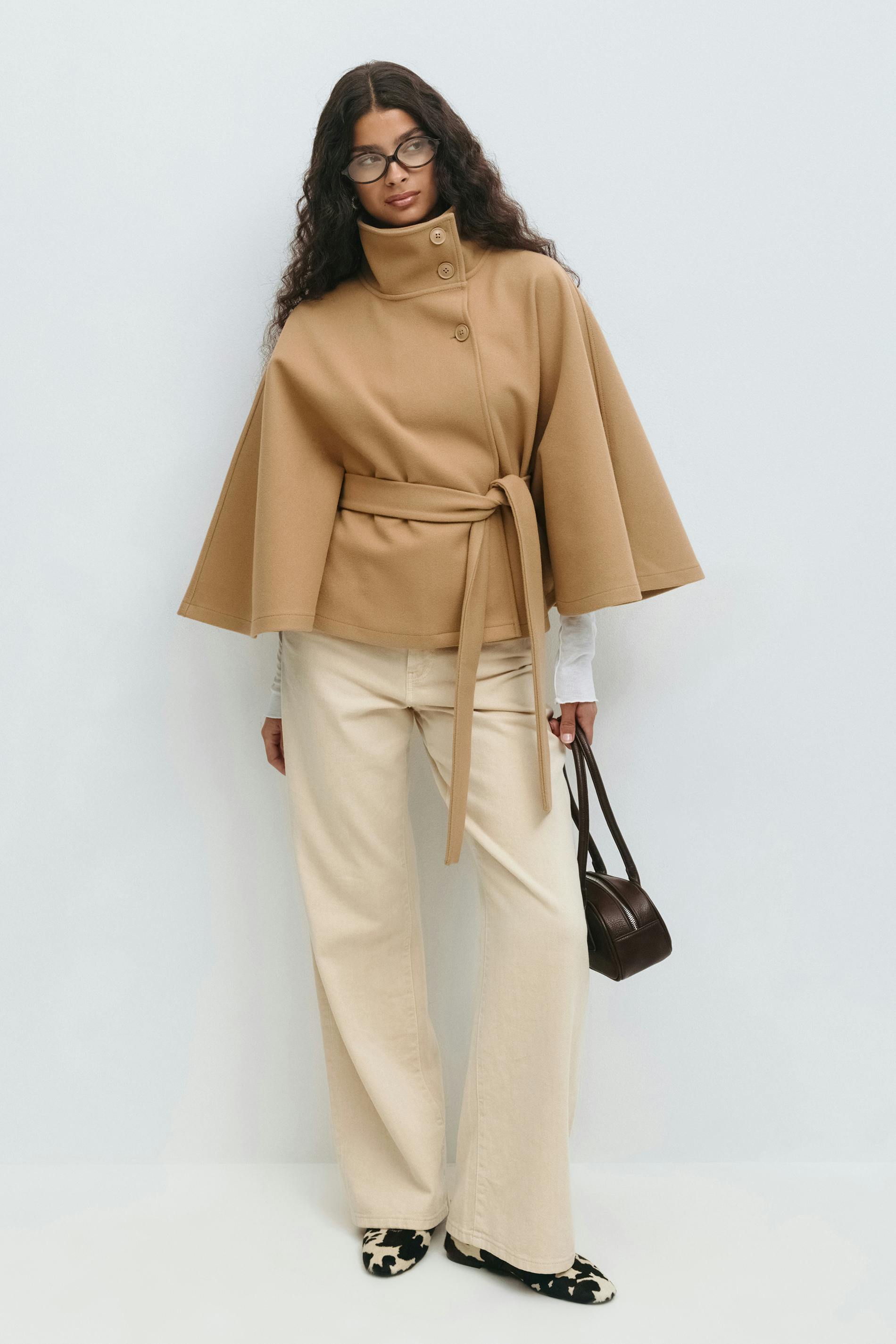 Cape Coat High Collar Belted Waist