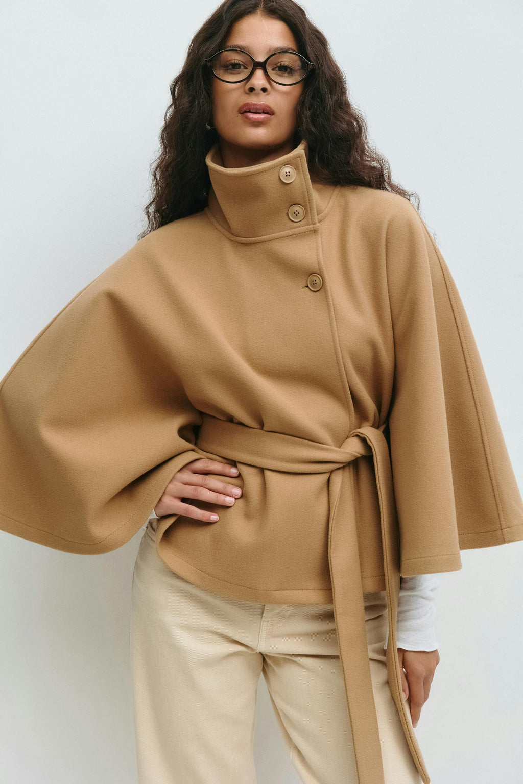 Cape Coat High Collar Belted Waist