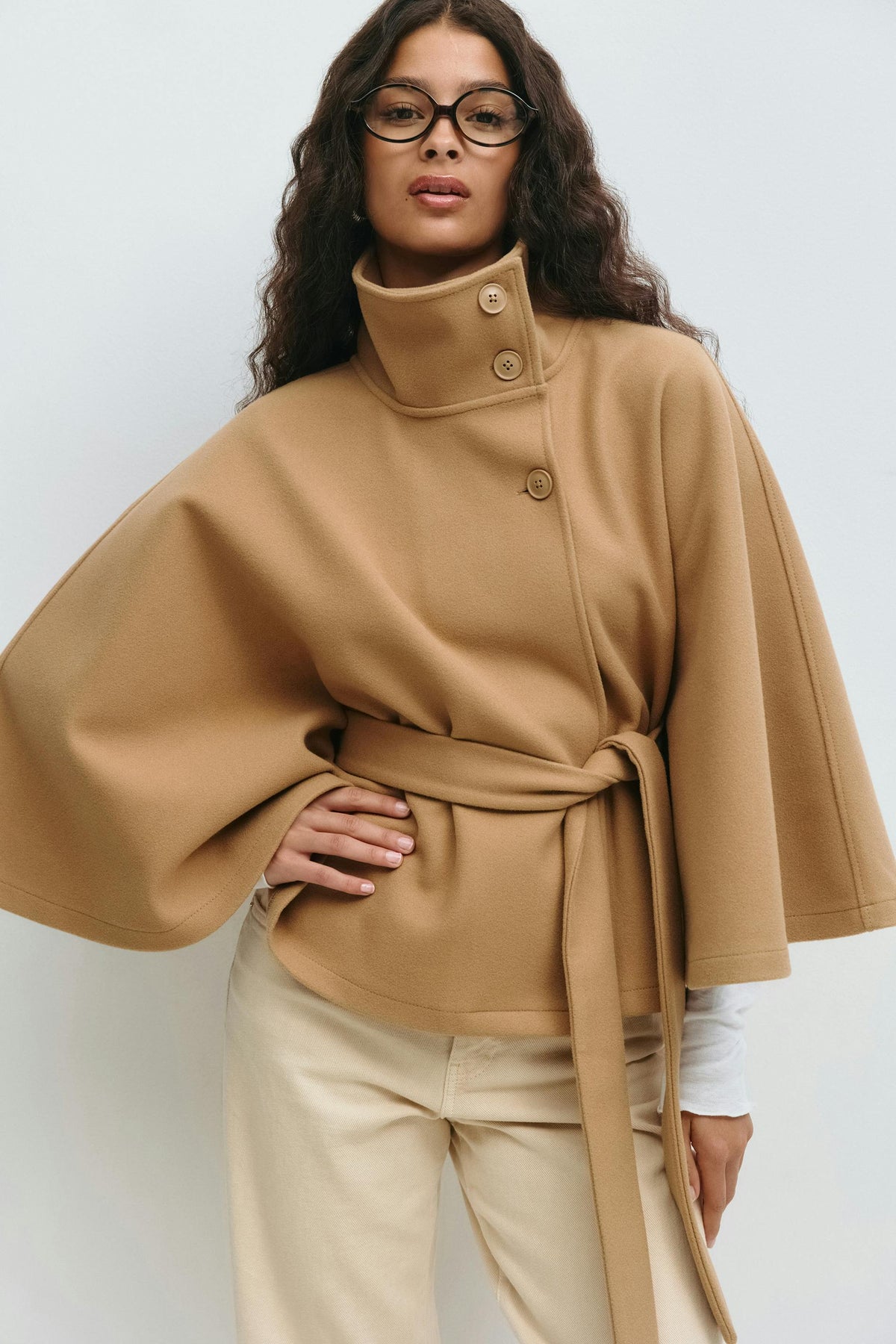 Cape Coat High Collar Belted Waist