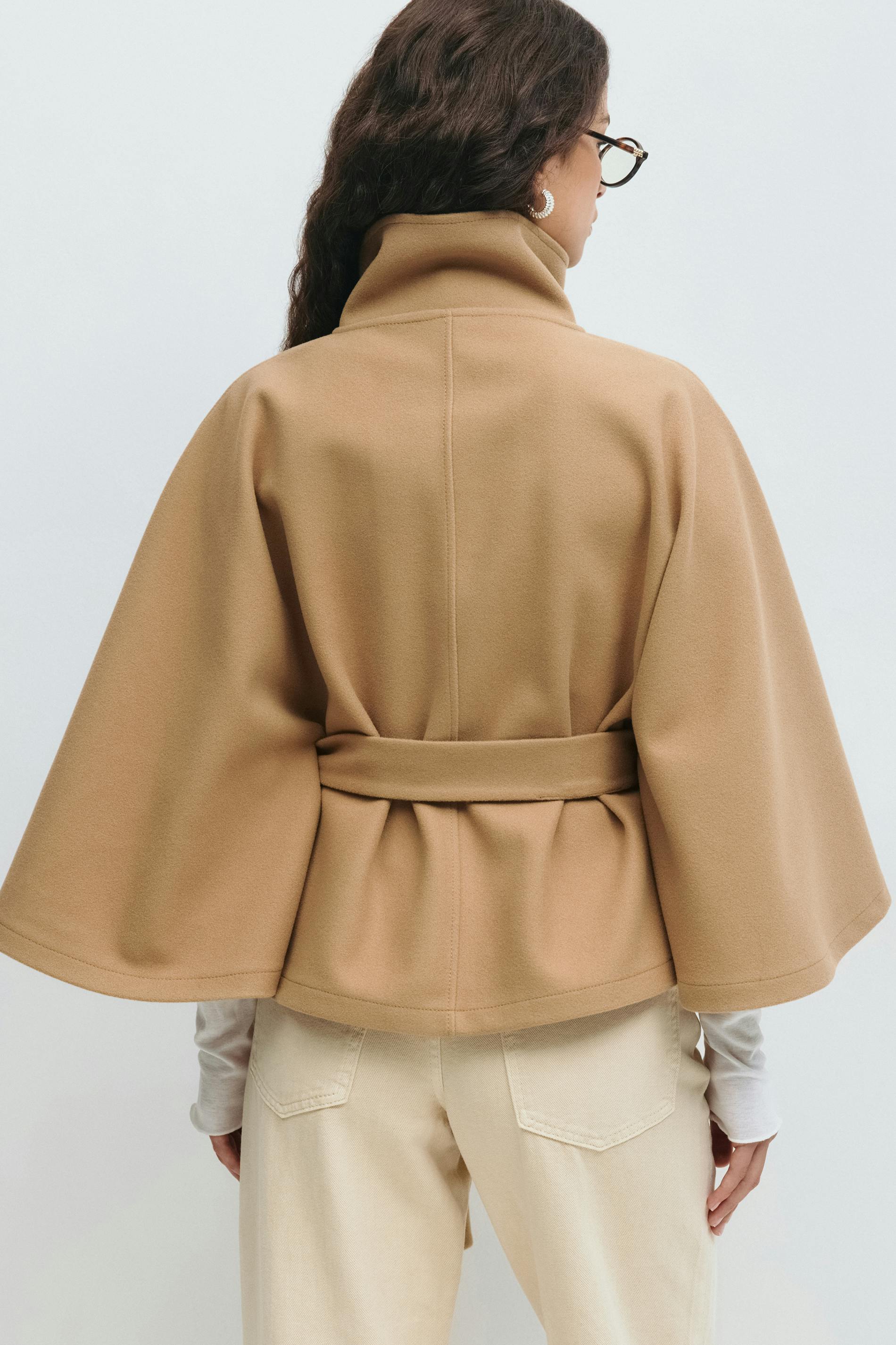 Cape Coat High Collar Belted Waist