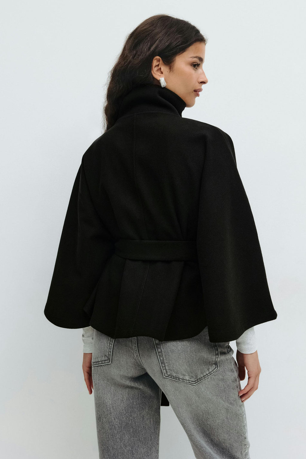 Cape Coat High Collar Belted Waist