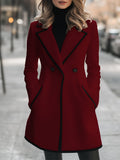 Double breasted coat with contrast trim in camel, front view