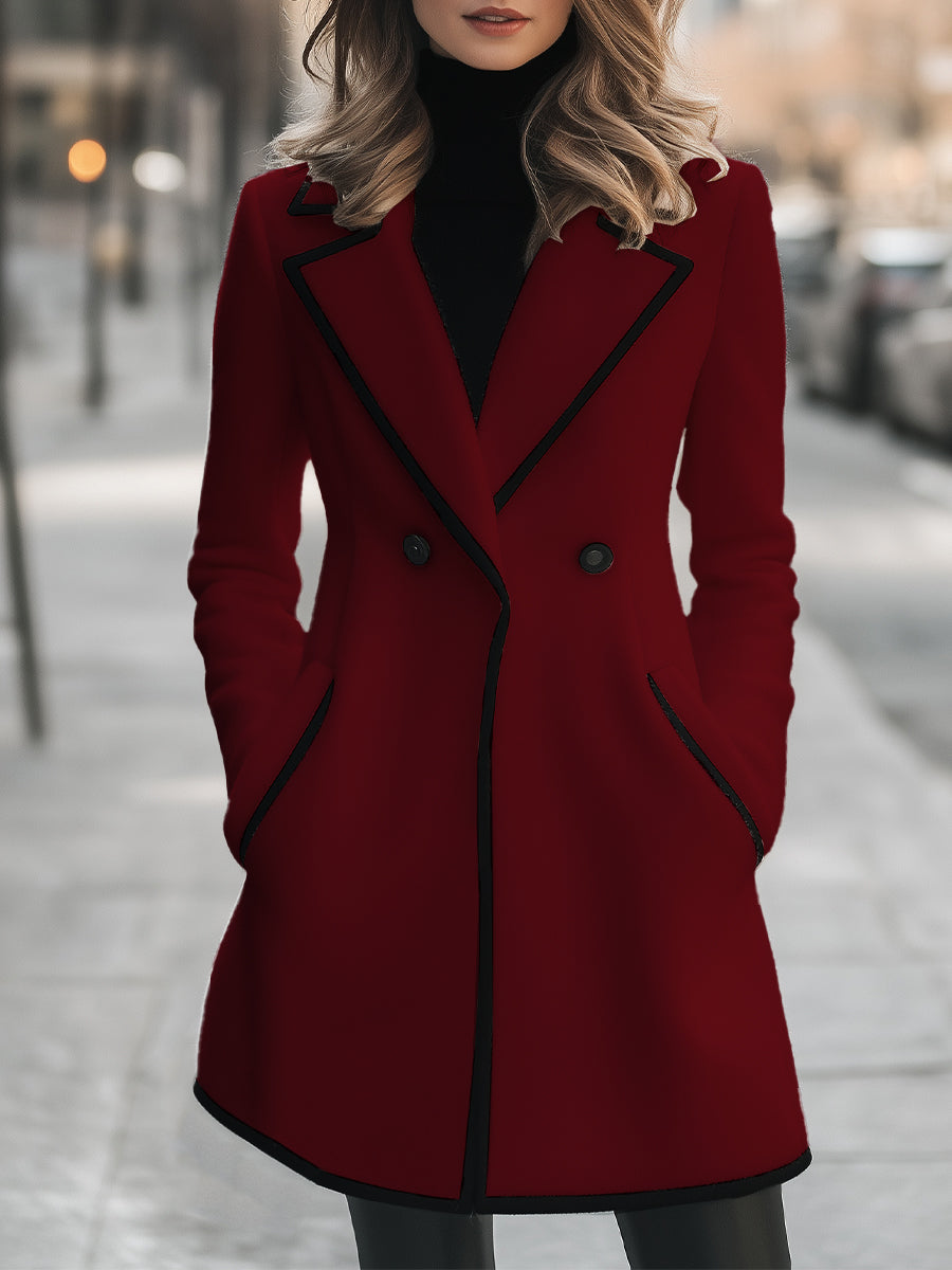 Double breasted coat with contrast trim in camel, front view