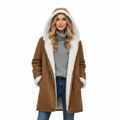 Hooded toggle coat with plush lining in brown, front view